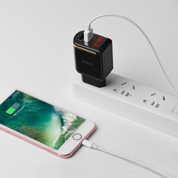 HOCO C39A 12W 2.4A Dual USB Charger with LED Display (Black) EU Plug - Image 3