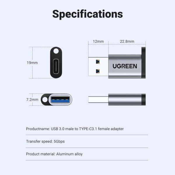 UGREEN 50533 10Gbps USB 3.0 Male to USB C Female Adapter - Image 7