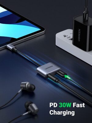 UGREEN 60164 USB-C to Aux 3.5mm Audio With PD Adapter, Earphone Converter with DAC Chip, PD QC Charging