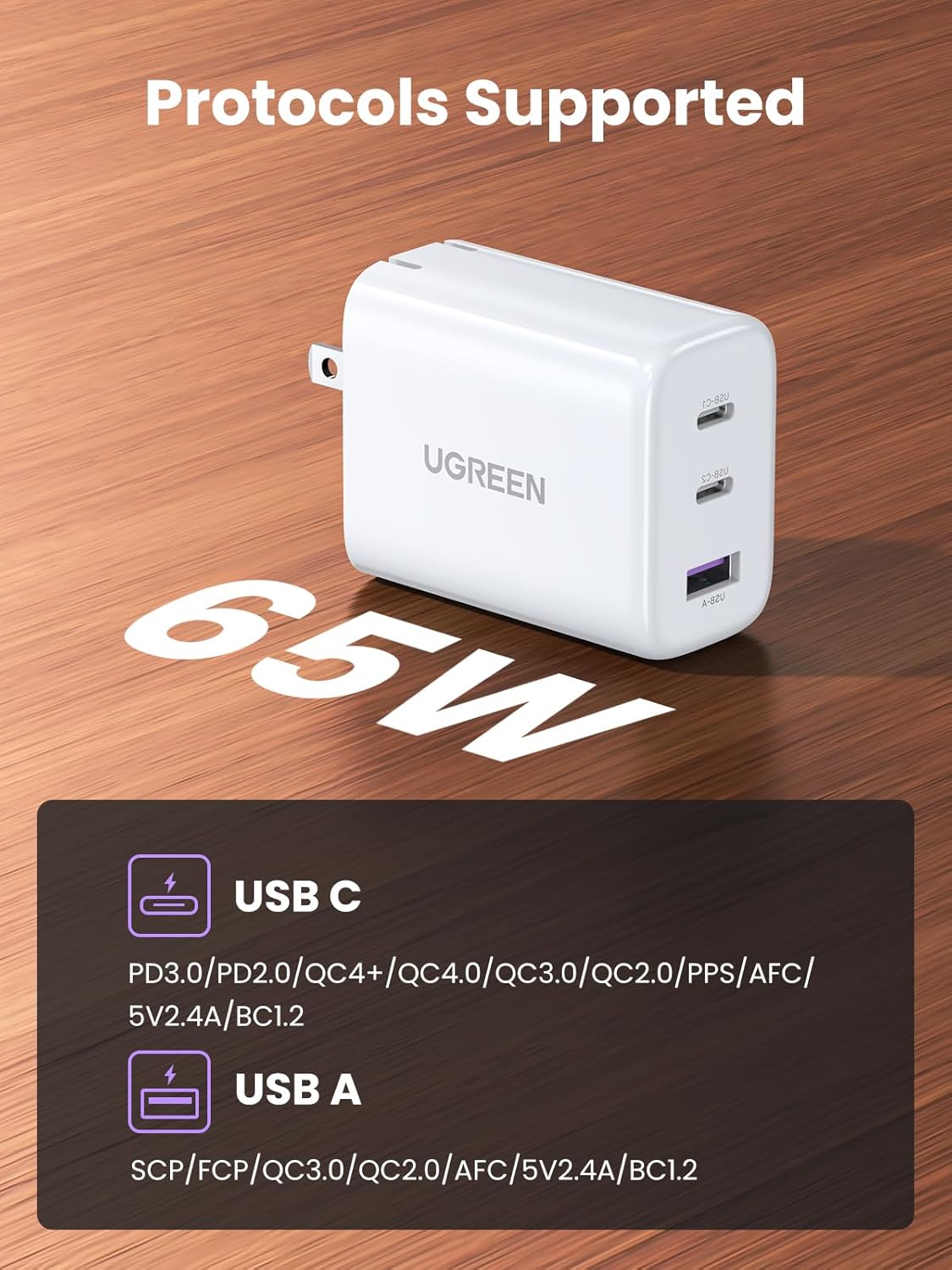 UGREEN 90495 65W USB C Charger 3-Ports Compact Foldable US Plug - Image 2