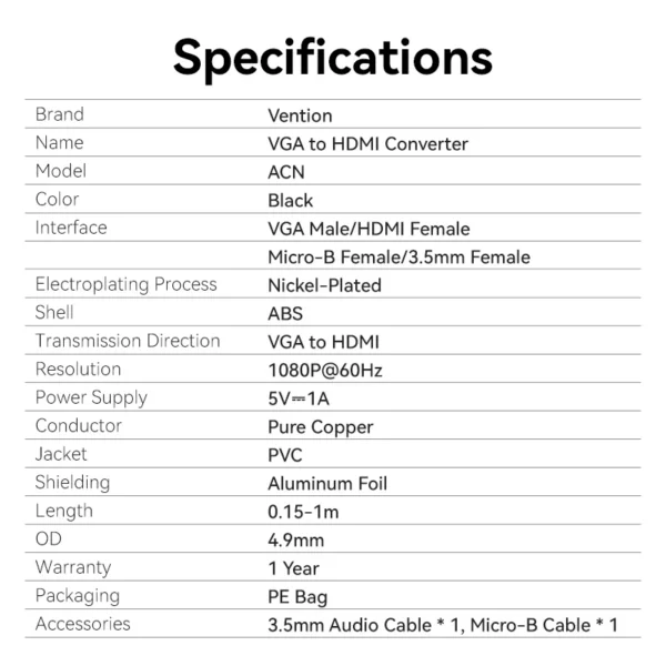 VENTION VGA to HDMI Converter with Female Micro USB and Audio Port - Image 12