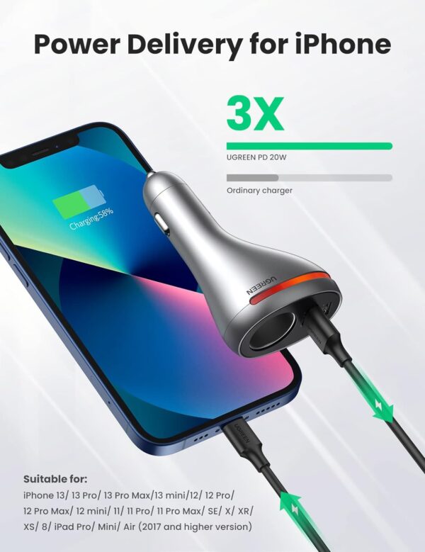 UGREEN 60712 Dual Port Single Extension PD 84W Car Charger - Image 5
