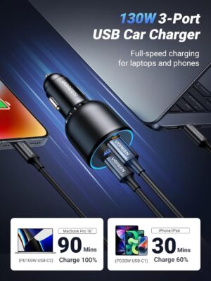 UGREEN 90889 130W USB C Car Charger, PD 100W +PD 30W Type C Car Charger Adapter, Fast Charging Car Charger