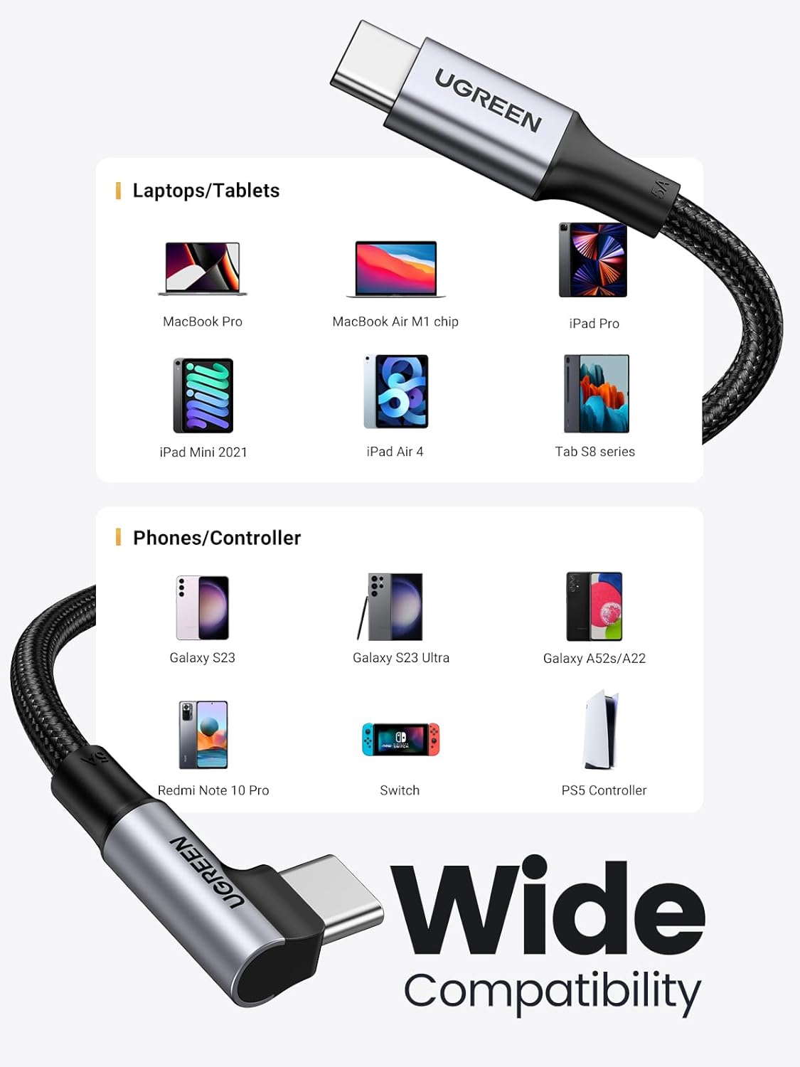 UGREEN 70645 100W USB C Cable 90 Degree Type C Charging Cable 2M