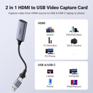 UGREEN 40189 Video Capture Card 4K HDMI, Video and Audio Recording for Gaming, Streaming, Teaching, Video Conference