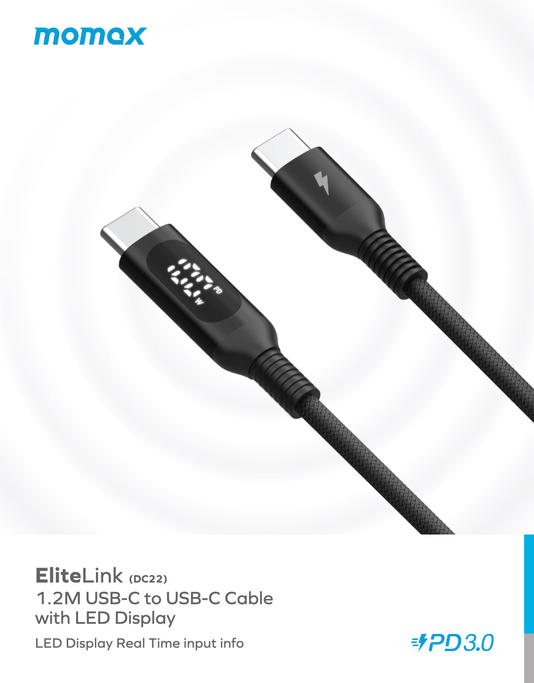 MOMAX ELITELINK DC22D USB-C to USB-C Cable with 100W Power Delivery and LED Display (1.2 Meter) - Image 3