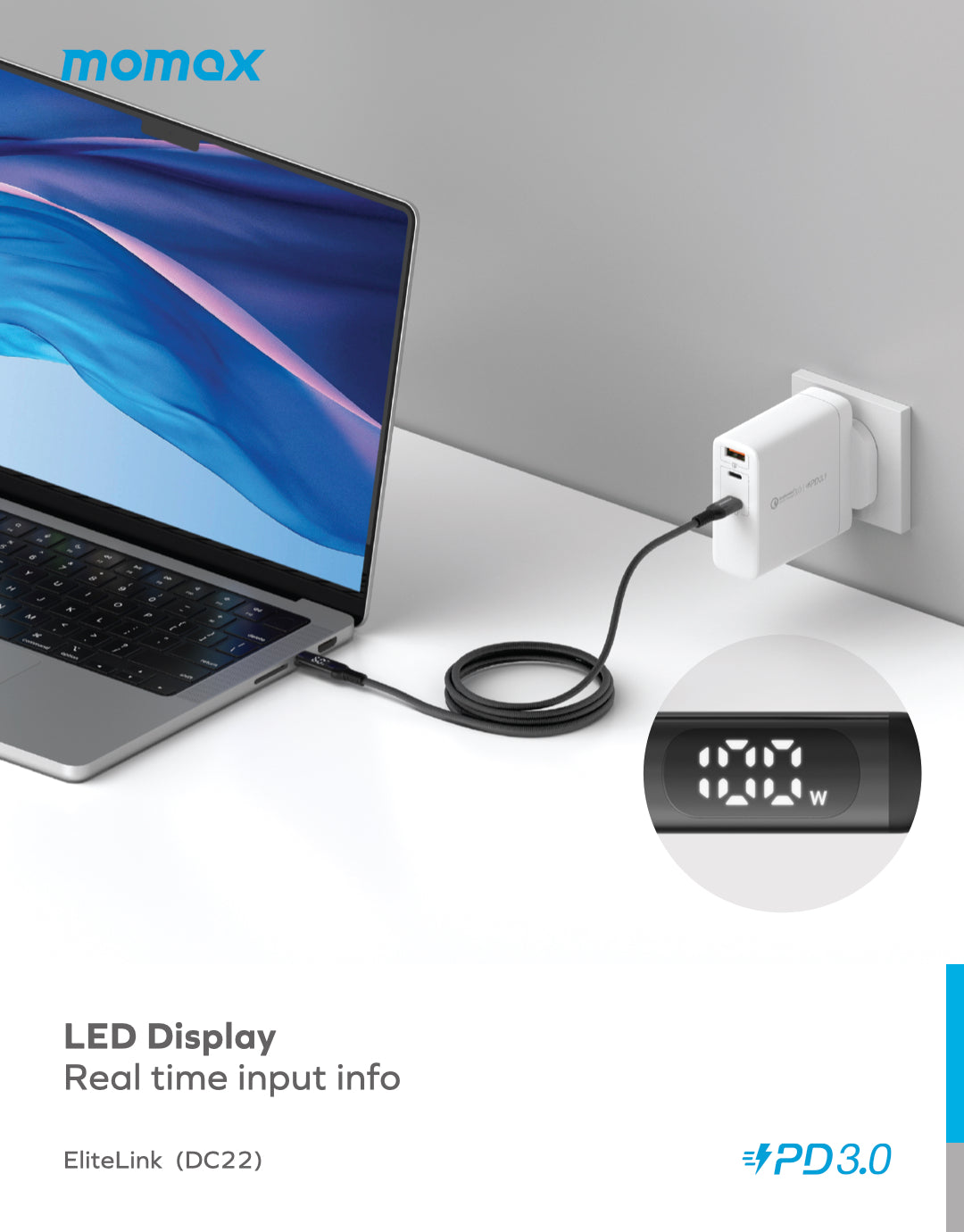 MOMAX ELITELINK DC22D USB-C to USB-C Cable with 100W Power Delivery and LED Display (1.2 Meter) - Image 5