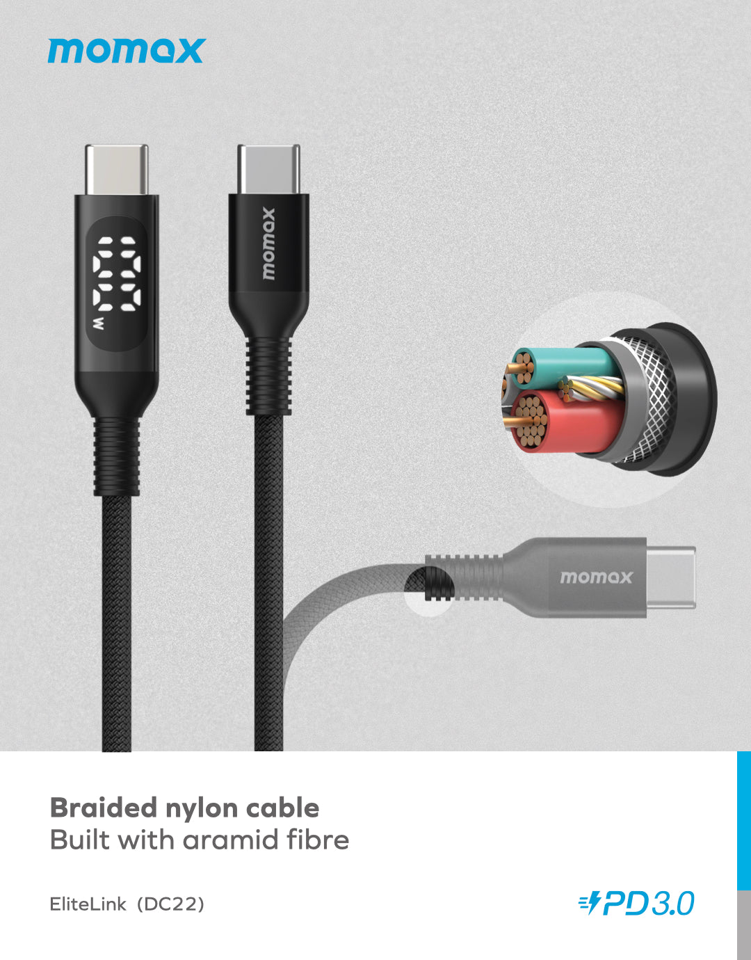 MOMAX ELITELINK DC22D USB-C to USB-C Cable with 100W Power Delivery and LED Display (1.2 Meter) - Image 6