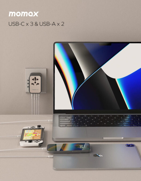 MOMAX UA9D 1-World 35W 5-Port+AC Travel Adapter (2xUSB, 3xUSB-C) - Image 6