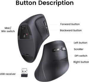 UGREEN 25444  Vertical Mouse Wireless (Bluetooth 5.0+2.4G) 4000 DPI Max Ergonomic Mouse with 5 Buttons