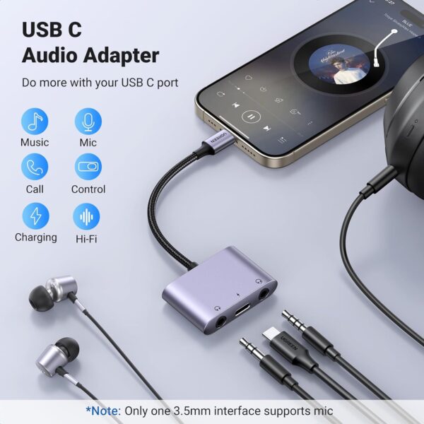 UGREEN 25838 USB C to 3.5mm Audio Adapter 3 in 1 Charger and Headphone Splitter for iPhone 16/15 Pro Max, Galaxy S24/23 Ultra, Pixel 8, iPad Pro - Image 2