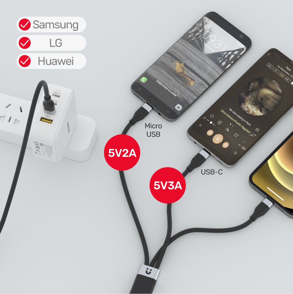 UNITEK 3-in-1 USB-C to Lightning, USB-C, Micro USB Multi Charging Cable (1.5 Meter) - Image 4