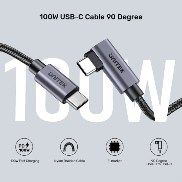 UNITEK 100W USB-C Fast Charging Cable 90 Degree (5 Meter) Compatible with iPhone 16/15, MacBook, Samsung Galaxy - Image 2