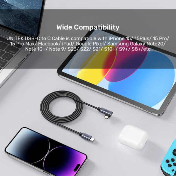 UNITEK 100W USB-C Fast Charging Cable 90 Degree (5 Meter) Compatible with iPhone 16/15, MacBook, Samsung Galaxy - Image 9
