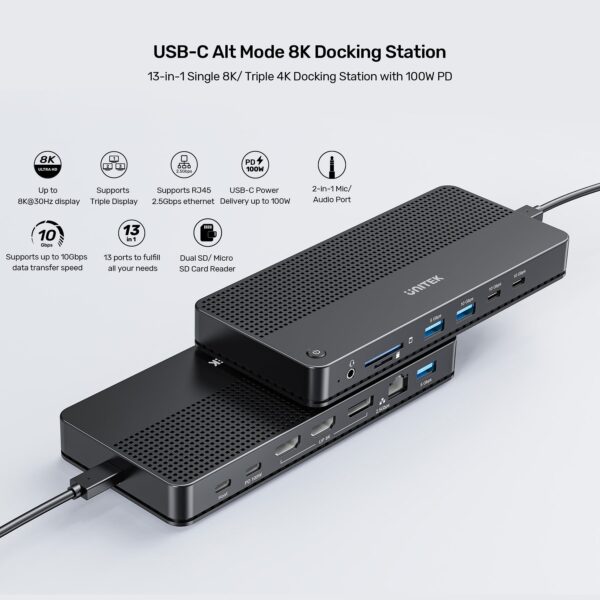 UNITEK USB-C 13-in-1 Docking Station with Single 8K & Triple 4K Display and 100W Power Delivery - Image 3