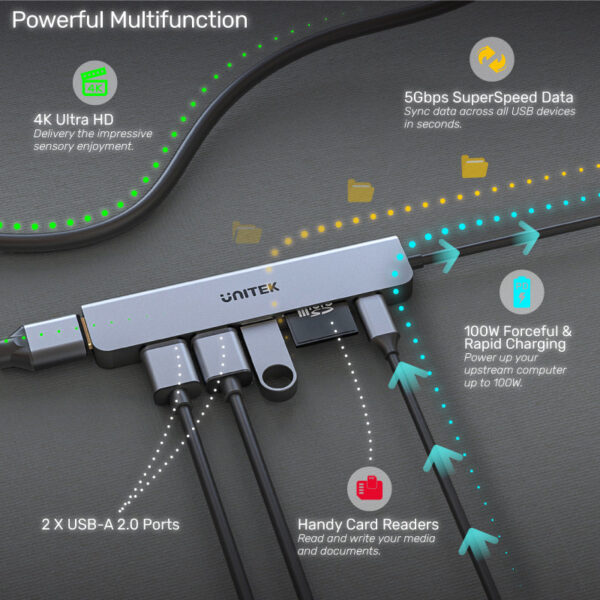 UNITEK uHUB S7+ 7-in-1 USB-C 5Gbps Hub with 4K HDMI and SD/TF Card Reader, 100W Power Delivery - Image 6