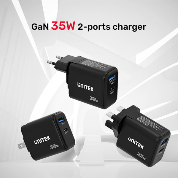 UNITEK 35W GaN Wall Charger 3-in-1 Plugs Ultra-Compact Dual Port USB-C & USB-A Fast Charger - Image 2