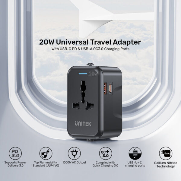 UNITEK 20W Universal Travel Adapter Dual USB-C PD & USB-A QC 3.0 Fast Charging Ports - Image 2