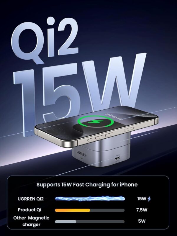 UGREEN 35316 MagFlow 2-in-1 Qi2 Magnetic Foldable Wireless Charging Station for iPhone 12-16 Series AirPods 3/2/Pro - Image 2