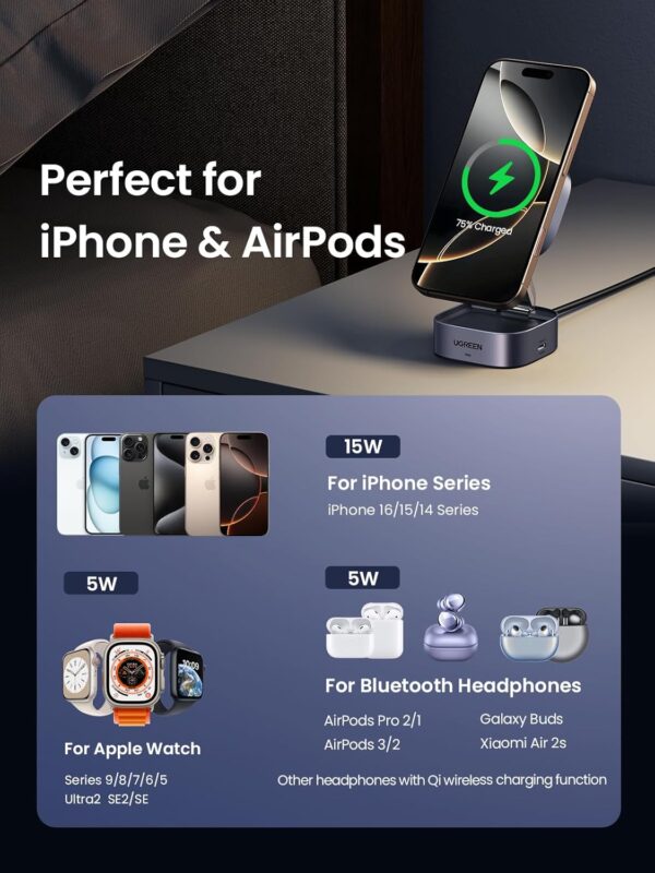 UGREEN 35316 MagFlow 2-in-1 Qi2 Magnetic Foldable Wireless Charging Station for iPhone 12-16 Series AirPods 3/2/Pro - Image 5