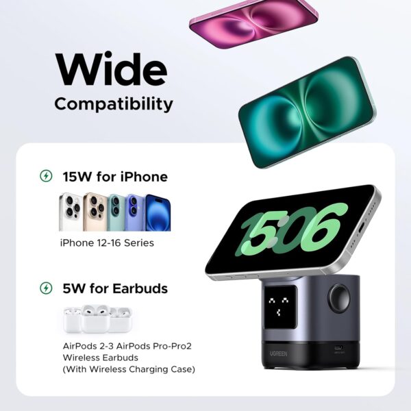 UGREEN 45775 Uno 2-in-1 Qi2 Magnetic Foldable Wireless Charging Station for iPhone 12-16 Series AirPods 3/2/Pro - Image 6