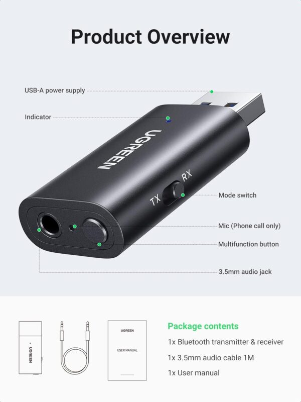 UGREEN 60300 Bluetooth 5.1 Transmitter Receiver 2-in-1 Wireless USB Adapter with Built-in Microphone 3.5mm Audio Bluetooth Dongle - Image 6