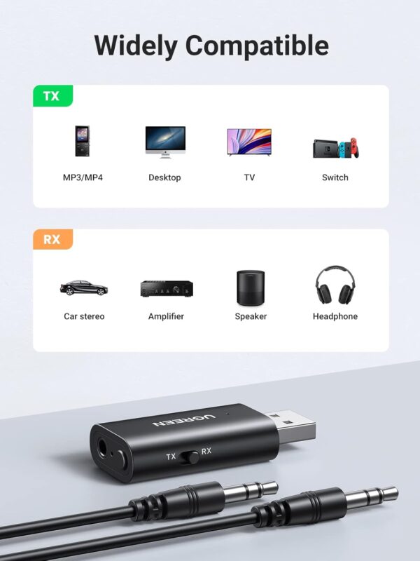 UGREEN 60300 Bluetooth 5.1 Transmitter Receiver 2-in-1 Wireless USB Adapter with Built-in Microphone 3.5mm Audio Bluetooth Dongle - Image 7