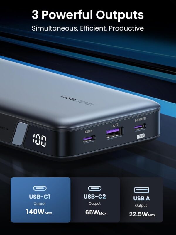 UGREEN 90597 Nexode 145W Power Bank 25000mAh USB C 3-Port PD Fast Charging Battery Pack Digital Display for MacBook, iPad, iPhone 16 - Image 5