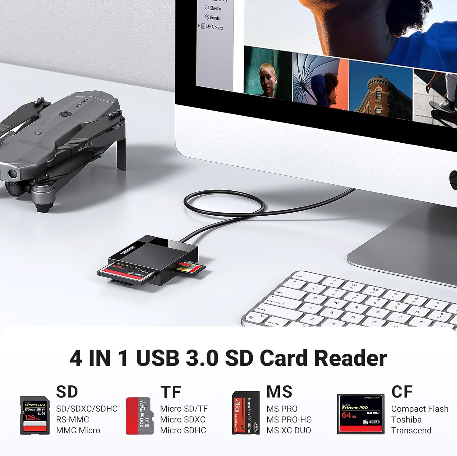 UGREEN 30333 SD Card Reader USB 3.0 Card Hub Adapter 5Gbps Read 4 Cards Simultaneously - Image 3