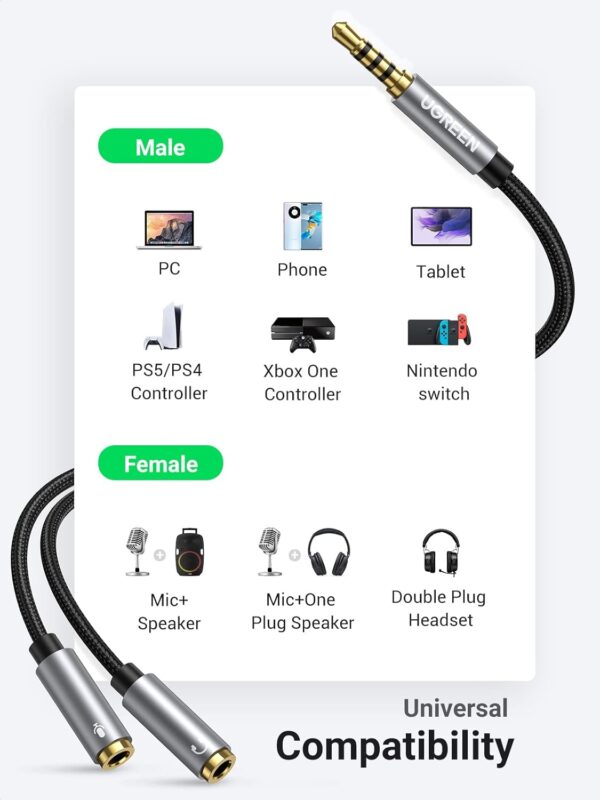 UGREEN 30619 Headphone Splitter 3.5mm 2 Female to 1 Male Mic and Audio Y Splitter TRRS Headset - Image 7