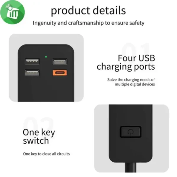 WIWU U01 EU Smart Power Strip 4 AC Outlets & 20W PD USB-C (Black) - Image 4