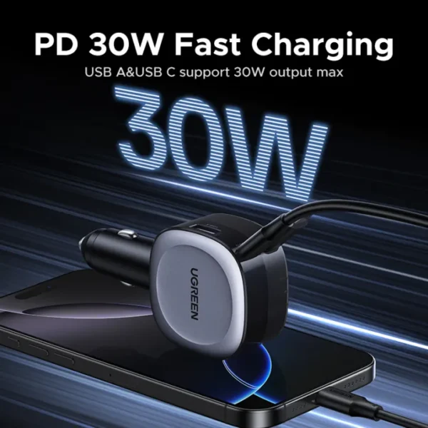 UGREEN 55653 75W Car Charger 2-in-1 Retractable Cable, SCP 25W, QC, PD 30W Fast Charging for iPhone 16/15 Pro - Image 4