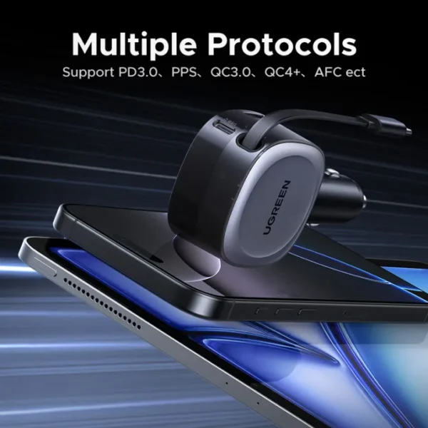 UGREEN 55653 75W Car Charger 2-in-1 Retractable Cable, SCP 25W, QC, PD 30W Fast Charging for iPhone 16/15 Pro - Image 6