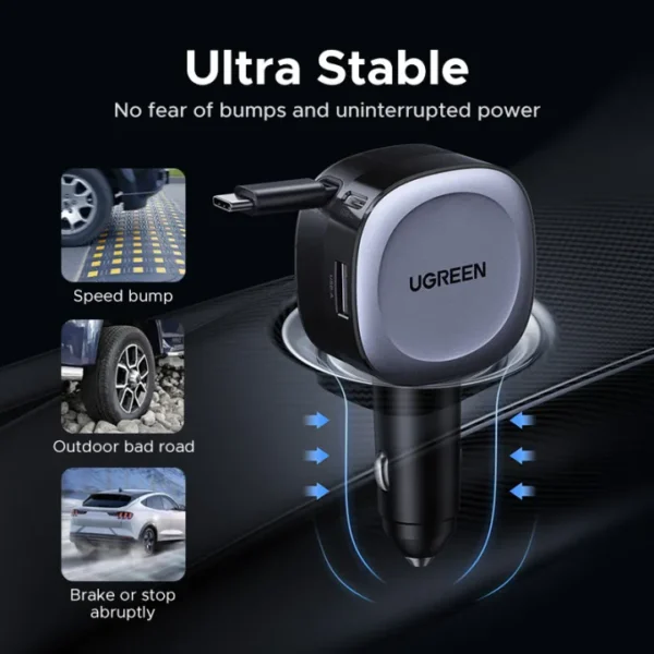 UGREEN 55653 75W Car Charger 2-in-1 Retractable Cable, SCP 25W, QC, PD 30W Fast Charging for iPhone 16/15 Pro - Image 7