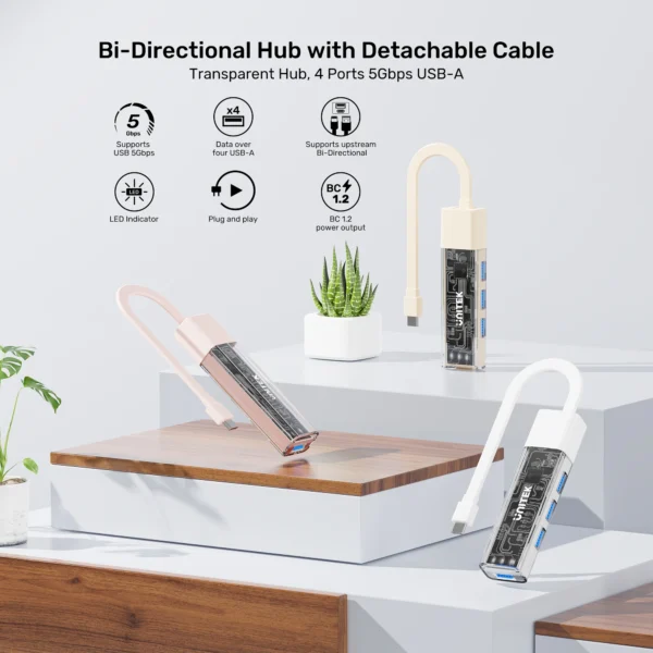 UNITEK 4-Port USB-A Bi-Directional Hub with Detachable Cable - Image 2