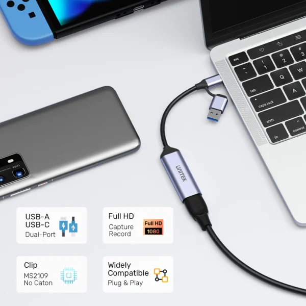 UNITEK 4K HDMI to USB-C USB-A Video Capture Card Plug & Play - Image 2