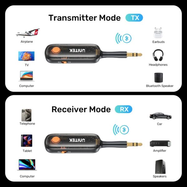 UNITEK 2-in-1 Bluetooth 5.3 Transmitter & Receiver Low Latency, Dual-Device Pairing - Image 10