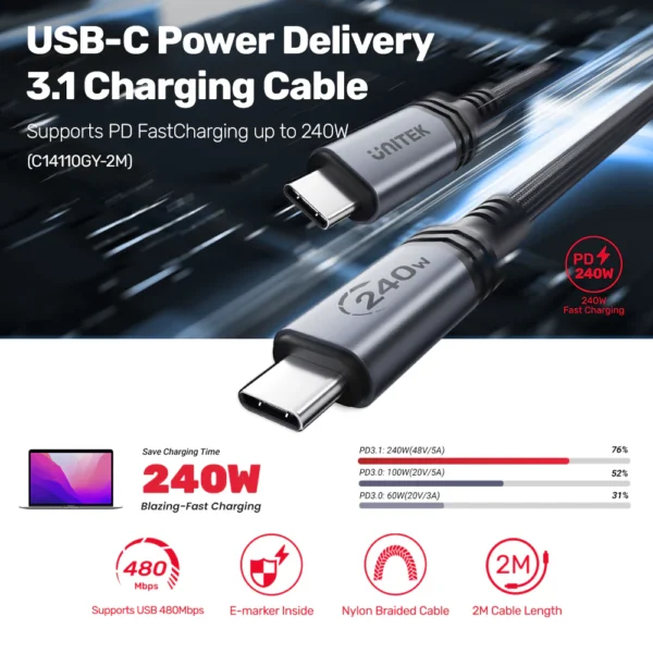 UNITEK 240W USB-C to USB-C PD 3.1 Fast Charging Cable (2 Meter) Nylon Braided - Image 2