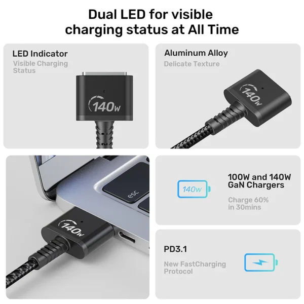 UNITEK USB-C to Magnetic 3 Braided Charging Cable (2 Meter) 140W PD Fast Charging - Image 4
