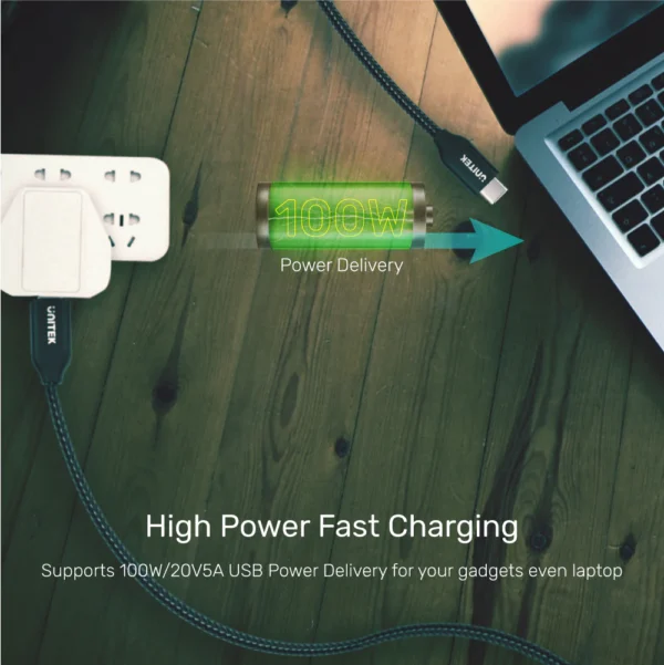 UNITEK USB-C 100W PD Fast Charging Braided Cable (2 Meter) with Data USB 2.0 - Image 4