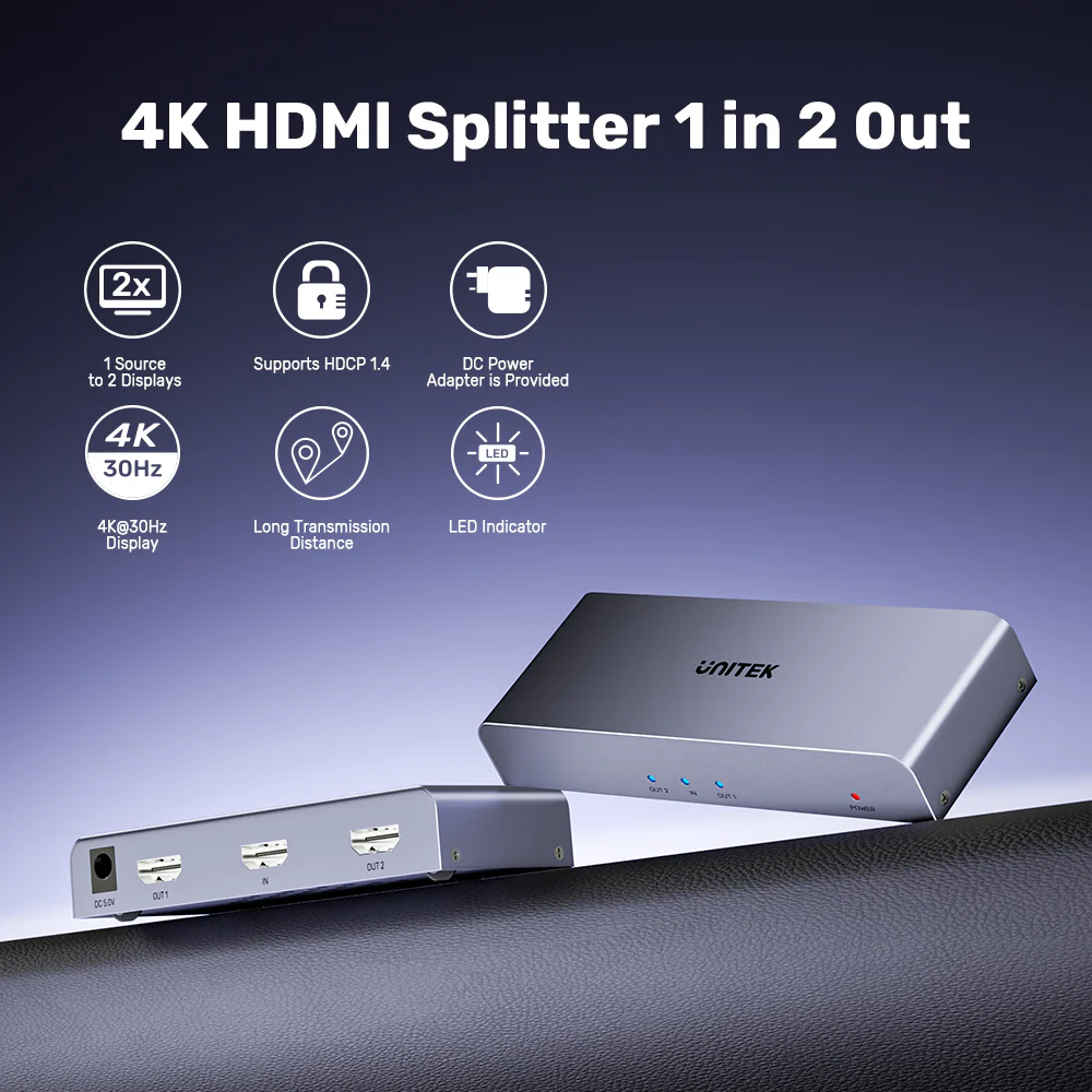 UNITEK HDMI Splitter 1 In 2 Out 4K@30Hz HDCP 1.4 Plug-and-Play - Image 2