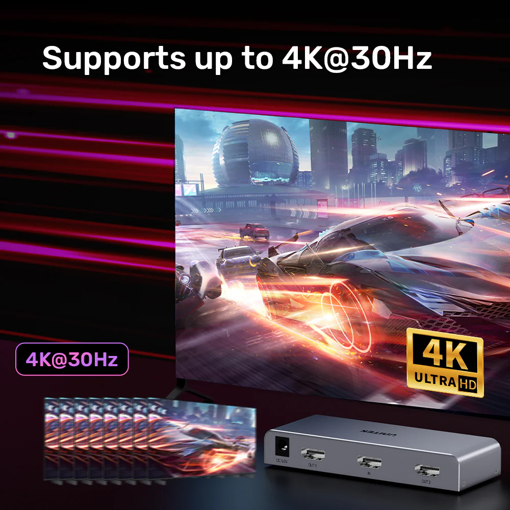UNITEK HDMI Splitter 1 In 2 Out 4K@30Hz HDCP 1.4 Plug-and-Play - Image 3