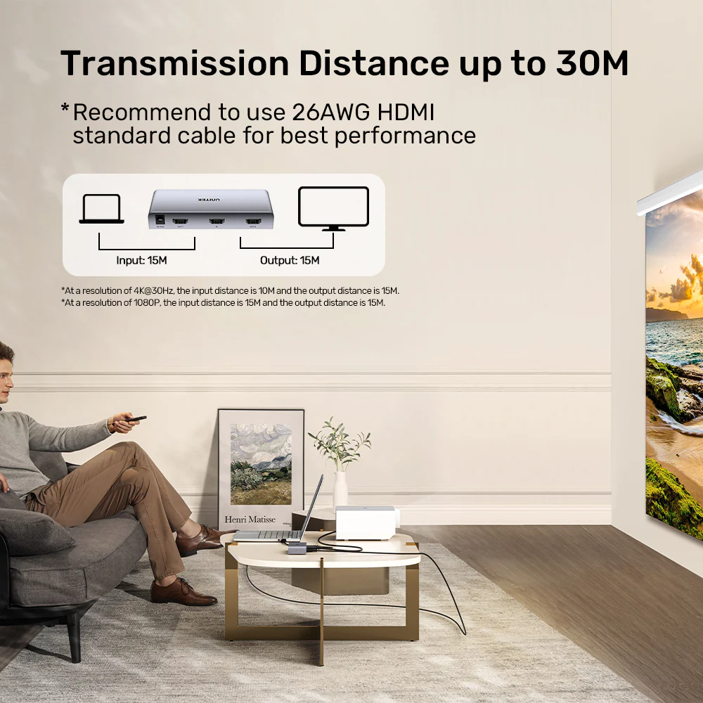 UNITEK HDMI Splitter 1 In 2 Out 4K@30Hz HDCP 1.4 Plug-and-Play - Image 5