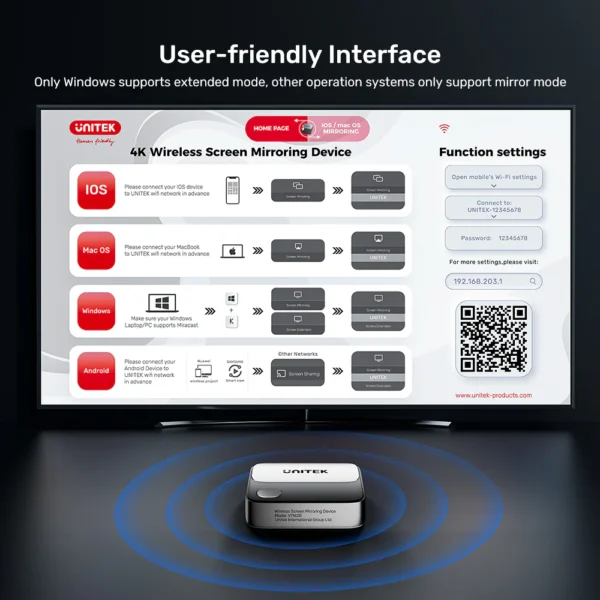 UNITEK 4K Wireless Screen Mirroring Device 4K@60Hz Ultra HD, Plug-and-Play - Image 5