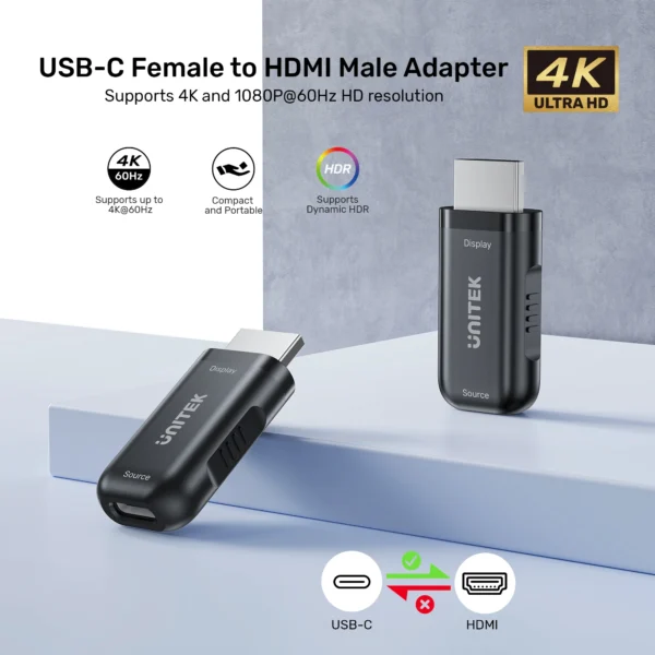 UNITEK USB-C Female to HDMI Male Adapter 4K@60Hz Thunderbolt 3/4 Plug & Play - Image 2