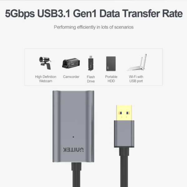 UNITEK USB 3.0 Extension Cable (10 Meter) Signal Booster, Aluminium Housing, Gold-Plated Connector, DC Jack - Image 2