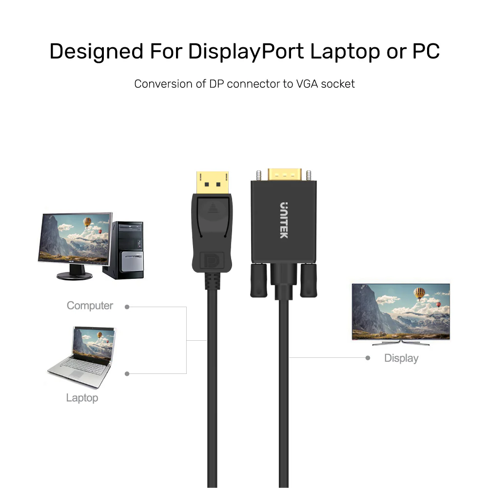 UNITEK DisplayPort to VGA Cable (1.8 Meter) Full HD 1080P Plug-and-Play - Image 4