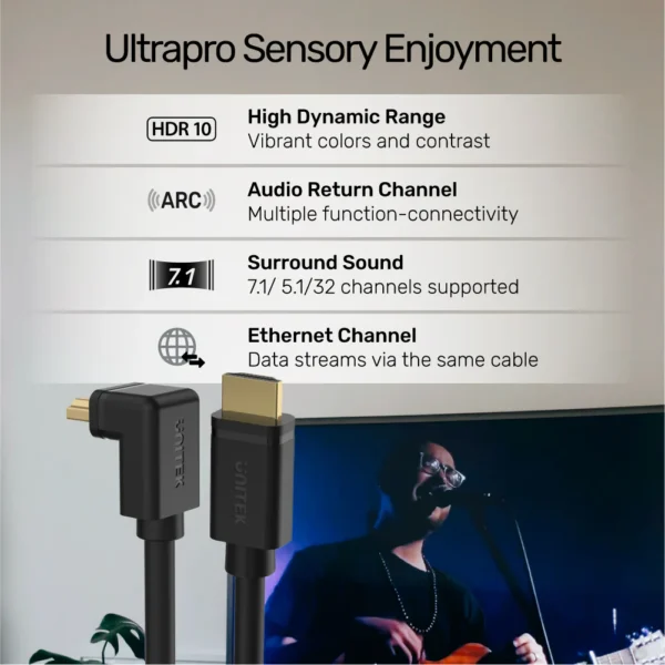 UNITEK 4K HDMI to HDMI Right Angle 270° Cable (3 Meter) 4K@60Hz, 18Gbps, HDR10, HDCP 2.2, Gold-Plated Connector - Image 4