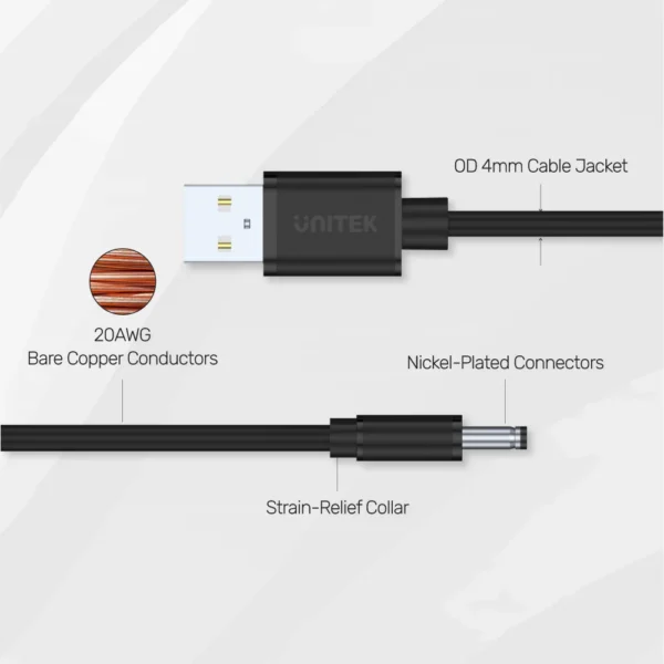UNITEK USB-A to DC 3.5x1.35mm Power Charging Cable (1 Meter) 15W, 5V/3A, Nickel-Plated Connectors - Image 6