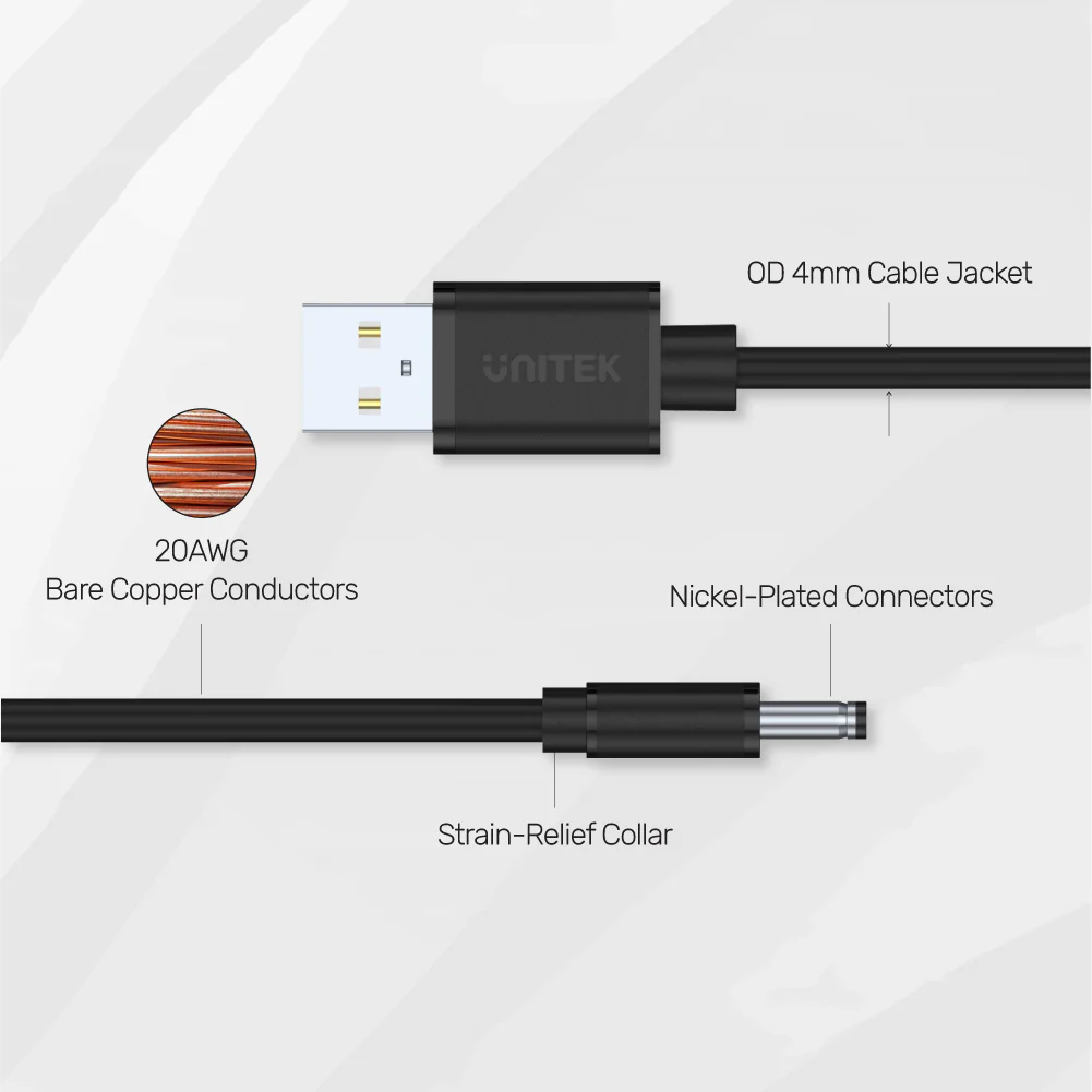UNITEK USB-A to DC 3.5x1.35mm Power Charging Cable (1 Meter) 15W, 5V/3A, Nickel-Plated Connectors - Image 6